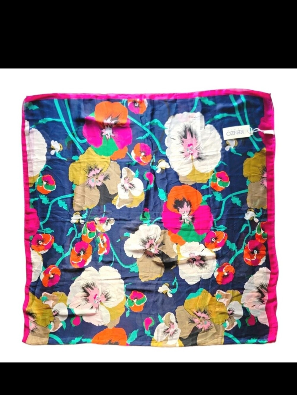Kenzo Navy Floral Silk Scarf with Pink Trim